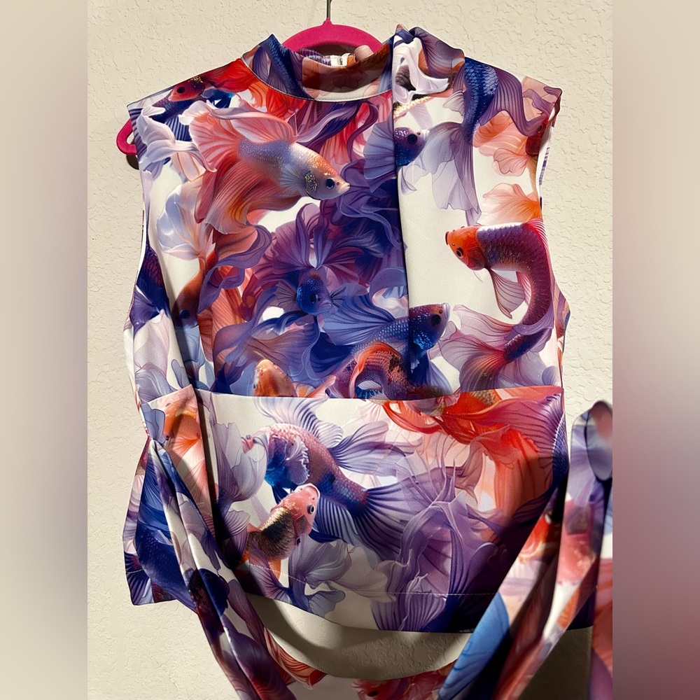 Sleeveless Fish-Print Blouse in Multicolor - Picture 2 of 4